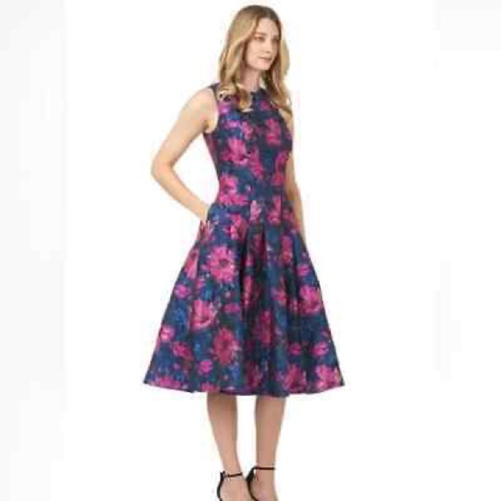 Kay Unger Navy Floral Midi Dress with Pink Floral Print - Picture 10 of 10